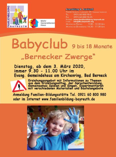 Flyer für Babyclub "Bernecker Zwerge" mit Informationen zur Anmeldung und Aktivität