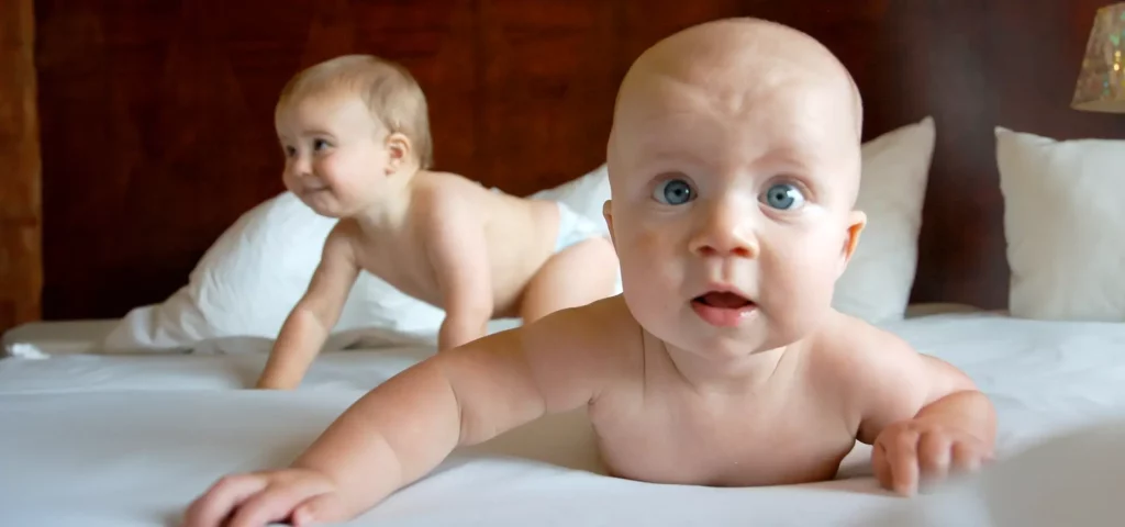 Zwei Babys spielen auf einem weißen Bett.