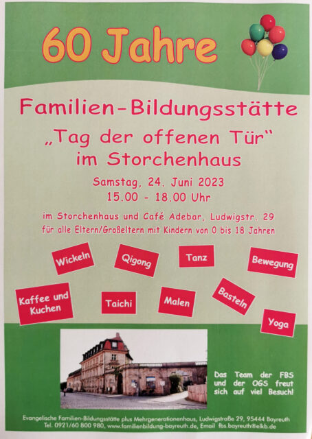 Plakat für 60 Jahre Jubiläum und Tag der oﬀenen Tür in Familienbildungseinrichtung.