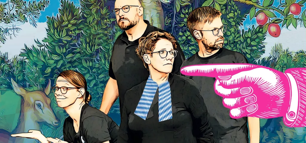 Illustration einer Gruppe stylisierter Personen vor einem surreal bunten Hintergrund.