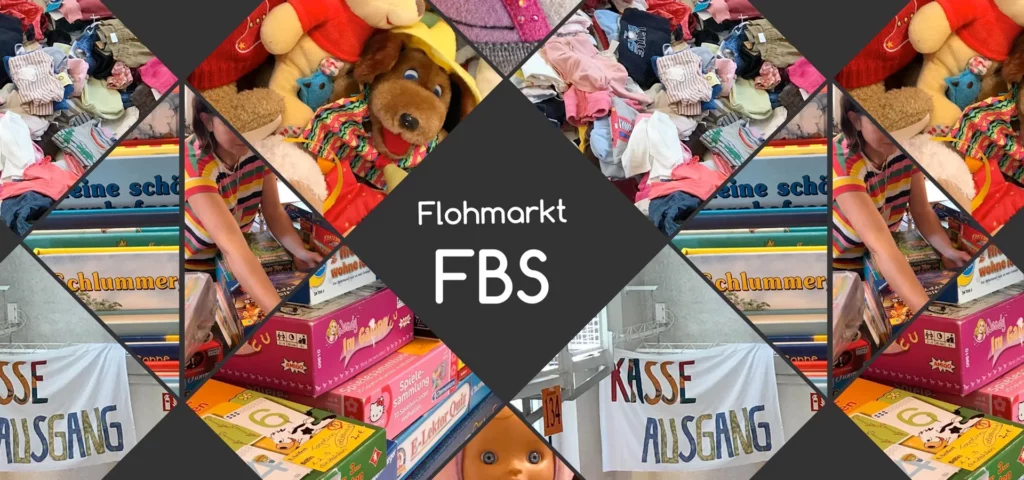 Collage vom Flohmarkt mit Spielzeug, Büchern und Kleidung.