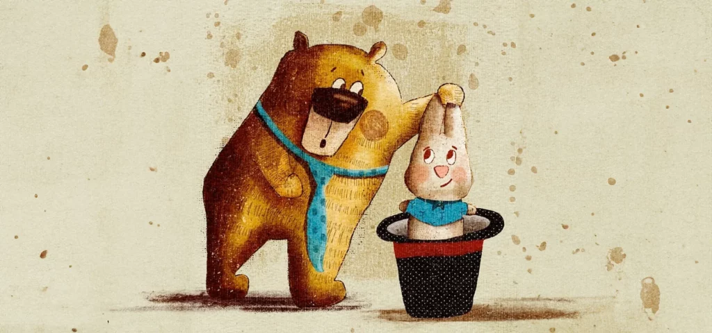 Illustration eines Bären mit einem Hasen in einem Hut.