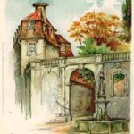 Historische Postkarte des Eingangs zum Hofgarten in Bayreuth.