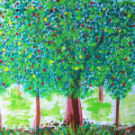 Gemälde von Bäumen mit bunten Blättern und blauem Himmel.